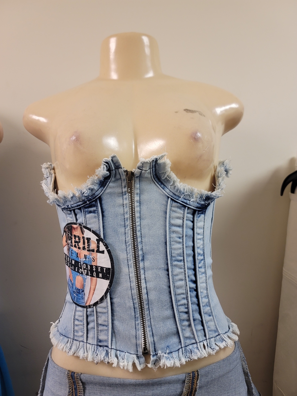 2 Denim Zip-Front Bustier Crop Top - Light & Medium Blue - Picture 7 of 7